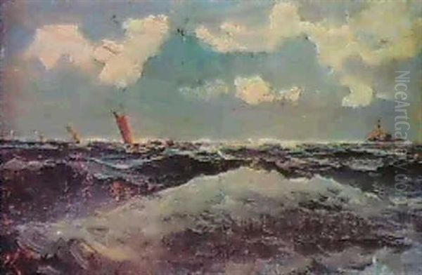 Segelbatar Till Havs Oil Painting by Gustaf Albert