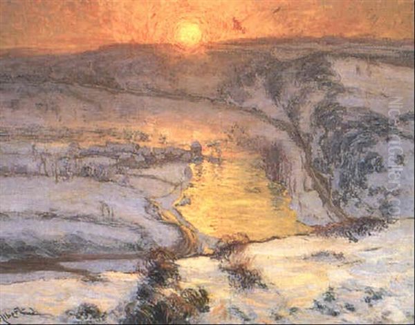 Solnedgang Over Floden Oil Painting by Gustaf Albert