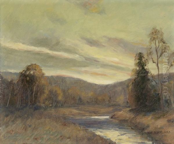 River Landscape At Sunset Oil Painting by Ernest Albert