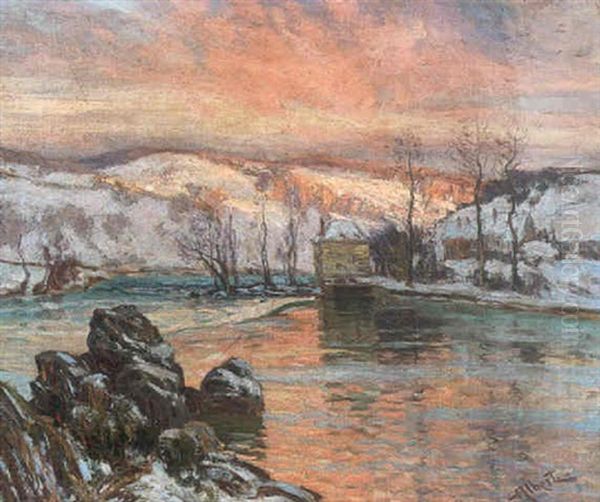 Cabin By A River In Winter Oil Painting by Ernest Albert