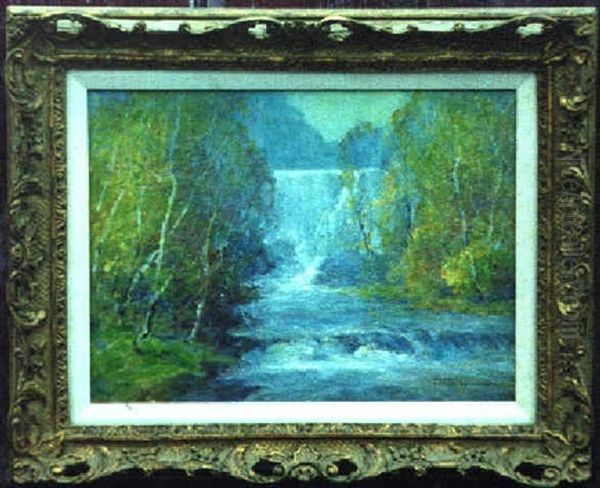 Birches And Waterfall Oil Painting by Ernest Albert