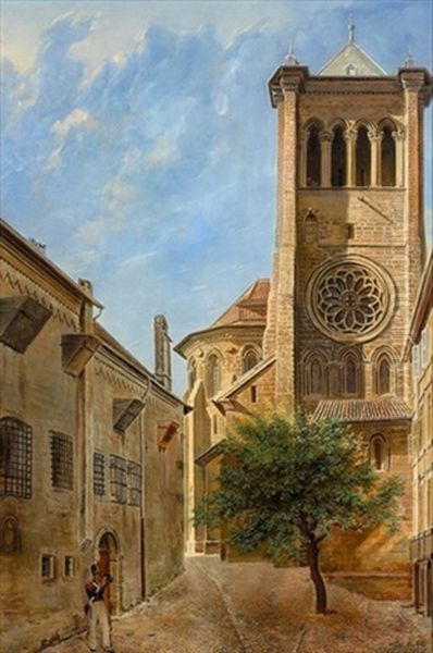 La Cathedrale De Geneve Avec L'ancienne Prison St-antoine Oil Painting by Alexandre-Louis d' Albert-Durade