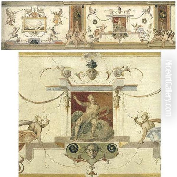 A Decorative Panel With Grotesques And Putti Flanking Panels With A Landscape And Neptune Oil Painting by Cherubino Alberti