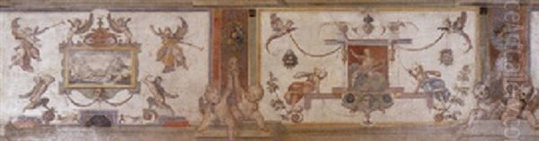 A Decorative Panel With Grotesques And Putti Flanking Panels With A Landscape And Neptune Oil Painting by Cherubino Alberti