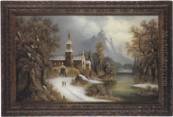 Kirchgang In Weiter Winterlandschaft Oil Painting by Giovanni Alberti