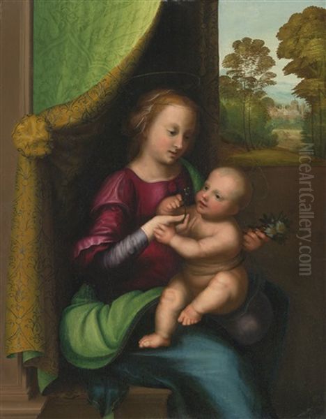 Madonna And Child Beside A Window, A Landscape Beyond Oil Painting by Mariotto Albertinelli