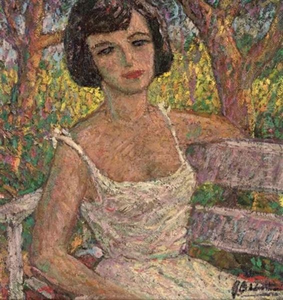 A Girl Resting On A Bench Oil Painting by Oreste Albertini