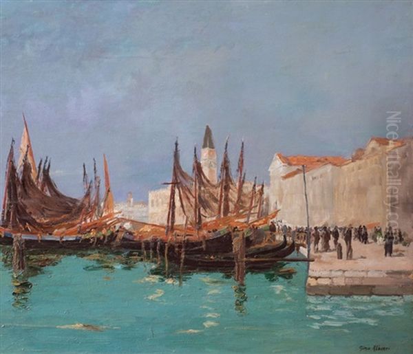 Gondolas En Venecia Oil Painting by Gino Albieri