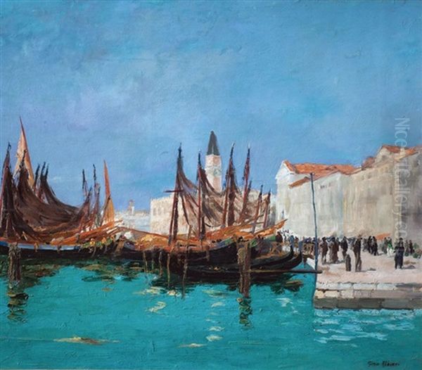 Gondolas En Venencia Oil Painting by Gino Albieri