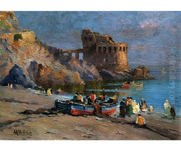 Italian Coastal Scene With Fisherfolk And Fishing Boats Oil Painting by Luca Albino