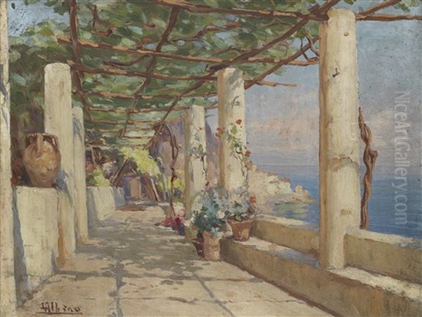 From Salerno To Amalfi (+ Loggia At The Hotel Cappuccini At Amalfi; Pair) Oil Painting by Luca Albino