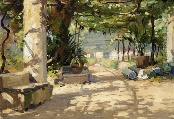 The Street Leading To The Hotel Belvedere At Ravello; The Garden Of Hotel Belvedere (2 Works) Oil Painting by Luca Albino