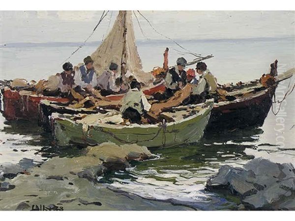 Fishing Boats, Mending The Nets Oil Painting by Luca Albino