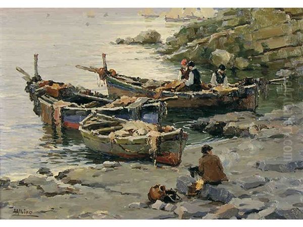 Mending The Nets, Fishing Boats At Shore Oil Painting by Luca Albino