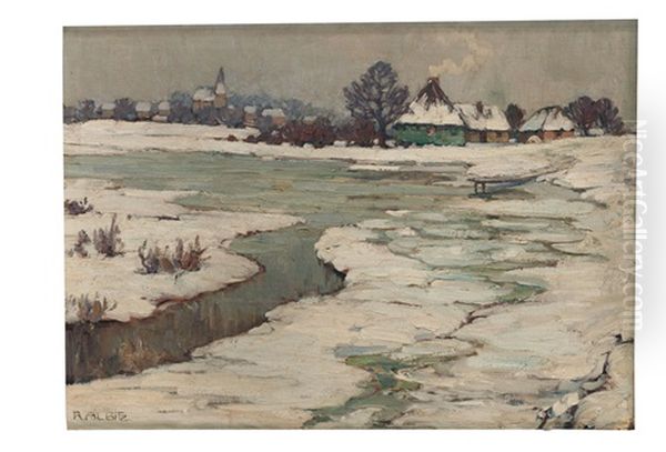 Winterlandschaft Mit Zugefrorenem Teich, Ein Kirchdorf Im Hintergrund Oil Painting by Richard Albitz