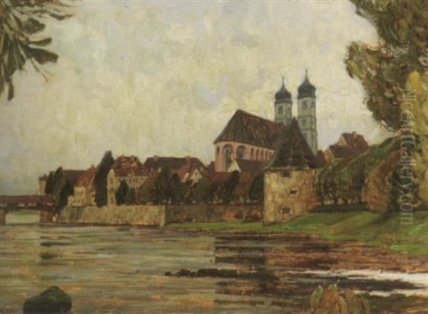 Bad Sackingen Am Rhein. Blick Auf Das Fridolinmunster Und Die Historische Holzbrucke Oil Painting by Richard Albitz