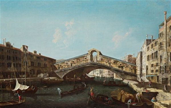 Die Rialtobrucke In Venedig, Il Ponte Di Rialto Con Le Rive Del Ferro E Del Vin Oil Painting by Francesco Albotti