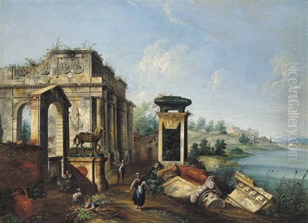 Capriccio Con Portico In Rovina, Monumento Equestre E Paesaggio Lacustre: Capriccio Mit Ruinen In Einer Flusslandschaft Oil Painting by Francesco Albotti