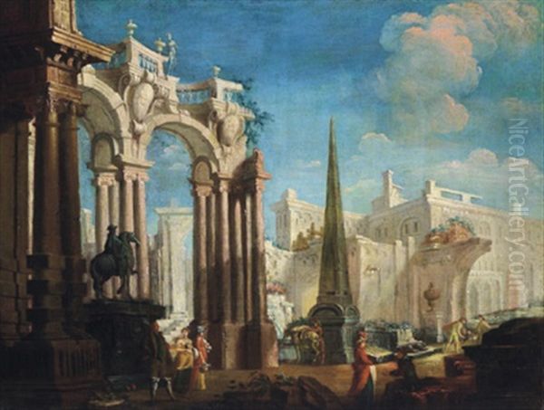 Capriccio Architettonico Con Figure (+ Another, Similar; Pair) Oil Painting by Francesco Albotti