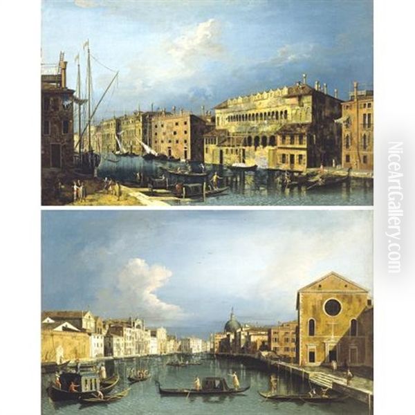 View Of The Grand Canal And The Fondaco Dei Turchi ( + View Of The Grand Canal, Looking North East From Santa Croce To San Geremia; Pair) Oil Painting by Francesco Albotti