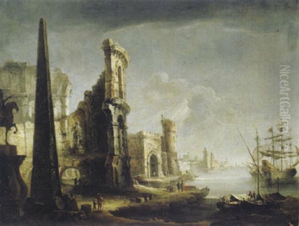 Capriccio Mit Romischen Ruinen An Einem Seehafen Oil Painting by Francesco Albotti