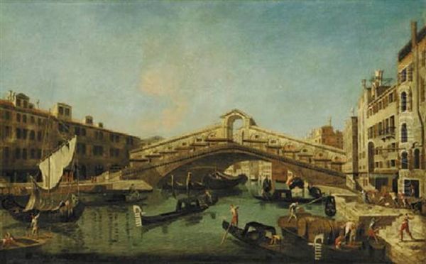 The Grand Canal, Venice, With The Rialto Bridge Oil Painting by Francesco Albotti