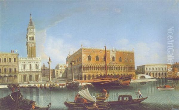 Blick Vom Markusbecken Auf Die Piazzetta, Biblioteca, Markuskirche Und Dogenpalast Oil Painting by Francesco Albotti