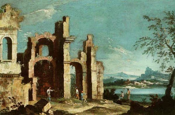 A Mountainous Landscape With Figures Resting By A Set Of Ruins At The Side Of A Lake Oil Painting by Francesco Albotti