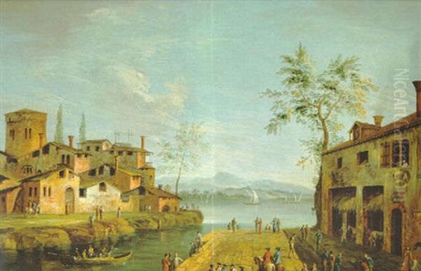 Capriccio Con Paese Sulla Riva Di Un Fiume Oil Painting by Francesco Albotti