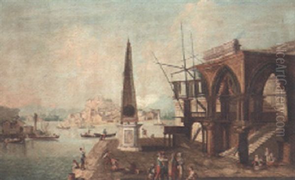 A Capriccio With A Ruined Gothic Portico And An Obelisk With Merchants And Other Figures On A Quay Oil Painting by Francesco Albotti