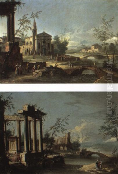 Capriccio River Landscape With Ruins And Figures Oil Painting by Francesco Albotti