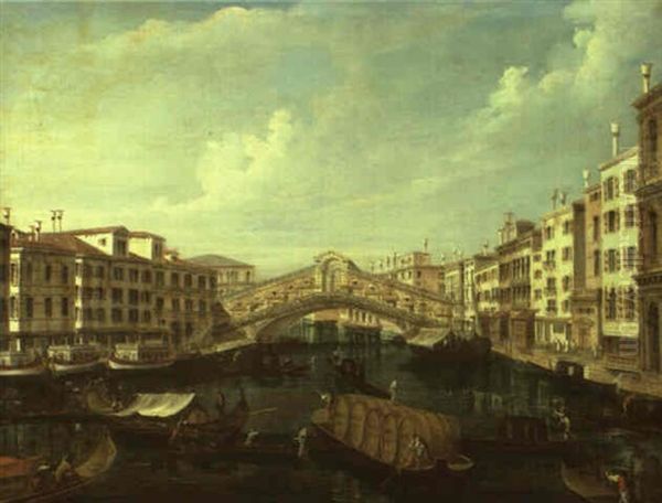 View Of The Rialto Bridge With The Riva Del Vin Oil Painting by Francesco Albotti