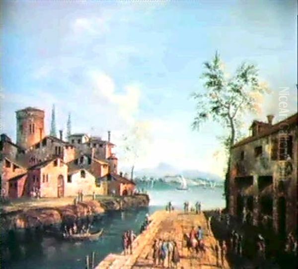 Paesaggio Con Un Gruppo Di Case Lungo Un Canale, Lago Al    Centro E, Sulla Destra, Un Molo Affollato Di Persone Oil Painting by Francesco Albotti