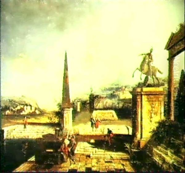 Capriccio Con Monumento Equestre Sulla Destra Oil Painting by Francesco Albotti