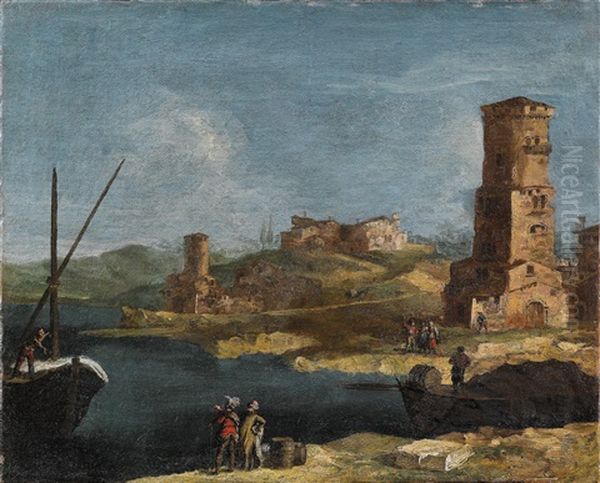 A Coastal Landscape With A Tower And Figures Oil Painting by Francesco Albotto