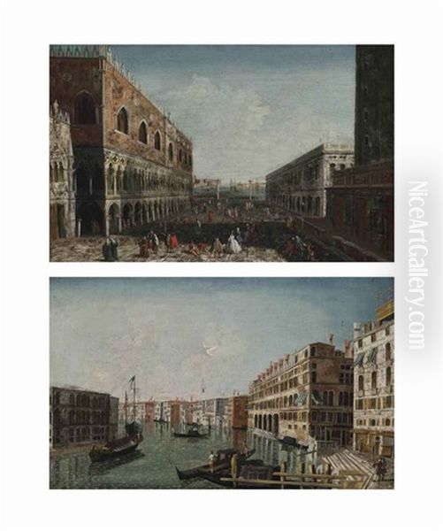 Saint Mark's Square And The Doge's Palace And A View Of The Grand Canal, Venice (a Pair) Oil Painting by Francesco Albotto