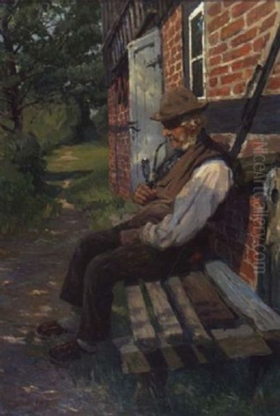 Pfeifenraucher Vor Einem Finkenwerder Bauernhaus Oil Painting by Karl Albrecht