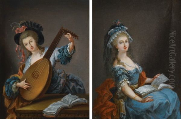 A Woman Reading (+ A Woman Playing The Lute; Pair) Oil Painting by Luis Alcazar y Paret