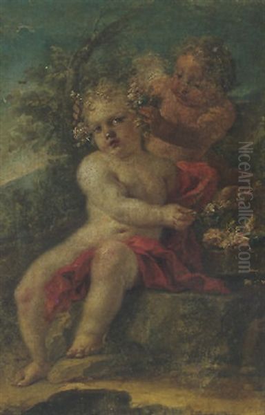 Putti Adorning Themselves With Flowers Oil Painting by Luis Alcazar y Paret