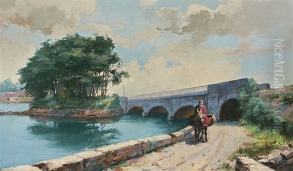 Old Bridge Near Perpignan Oil Painting by Hiacynt Alchimowicz