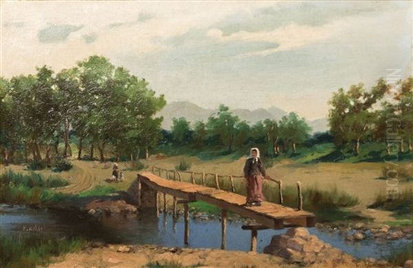 Pont Anime Sur La Riviere Oil Painting by Hyacinthe Alchimowicz