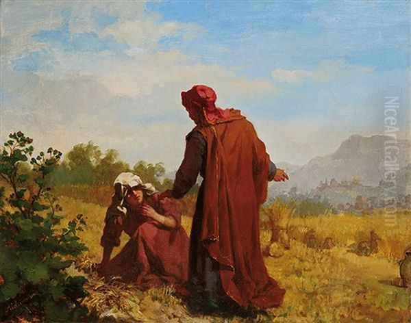 Booz And Ruth Collecting Barley Ears Oil Painting by Kazimierz Alchimowicz