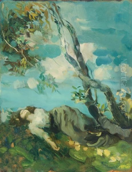 Junge Frau Unter Einem Baum Ruhend Oil Painting by Ambrogio Antonio Alciati