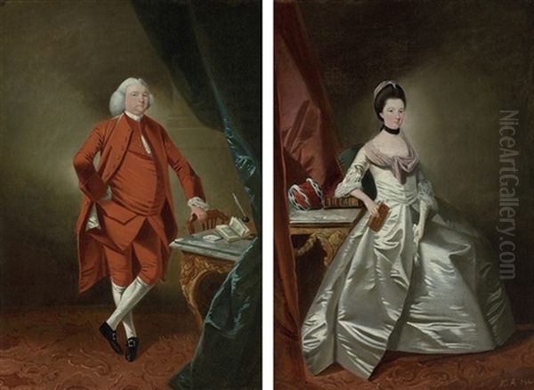 Portrait Of A Gentleman In A Red Velvet Suit(+ Portrait Of A Lady In An Oyster Satin Dress; Pair) Oil Painting by Edward Alcock