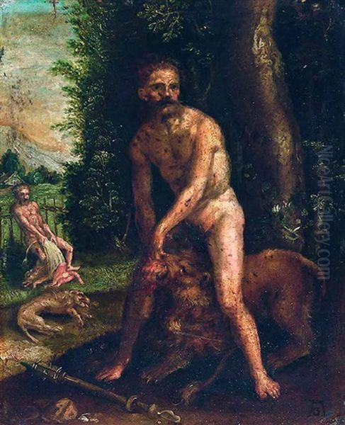 Herakles Totet Den Nemeischen Lowen (after An Engraving) Oil Painting by Heinrich Aldegrever