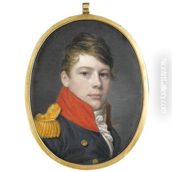 Portrait Of A Young Officer Wearing A Blue Uniform With A High Red Collar And Gold Lace Oil Painting by Heinrich Jakob Aldenrath