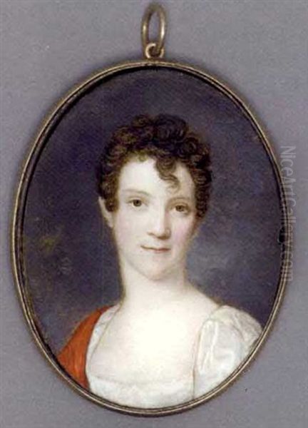 A Young Lady, In White Silk Dress With Puff-sleeves, Red Stole Draped Over Her Right Shoulder, Short Curling Brown Hair, Cloudy Sky Background Oil Painting by Heinrich Jakob Aldenrath