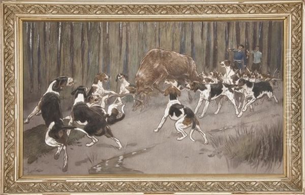 Hallali De Cerf A L'equipage Du Comte De Valon, Foret D'halatte Oil Painting by Cecil Charles Windsor Aldin