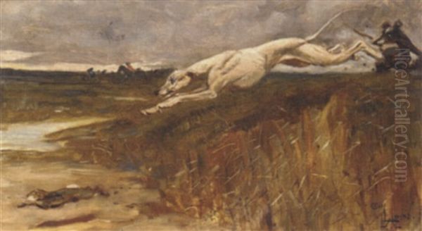 A Greyhound Chasing A Rabbit Oil Painting by Cecil Charles Windsor Aldin