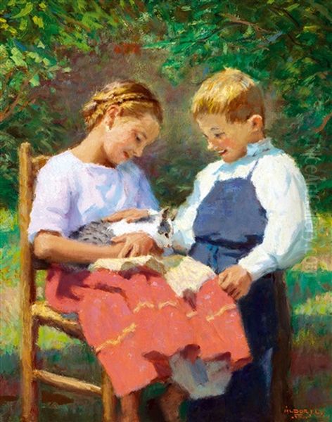 Children With Kitten Oil Painting by Janos Laszlo Aldor